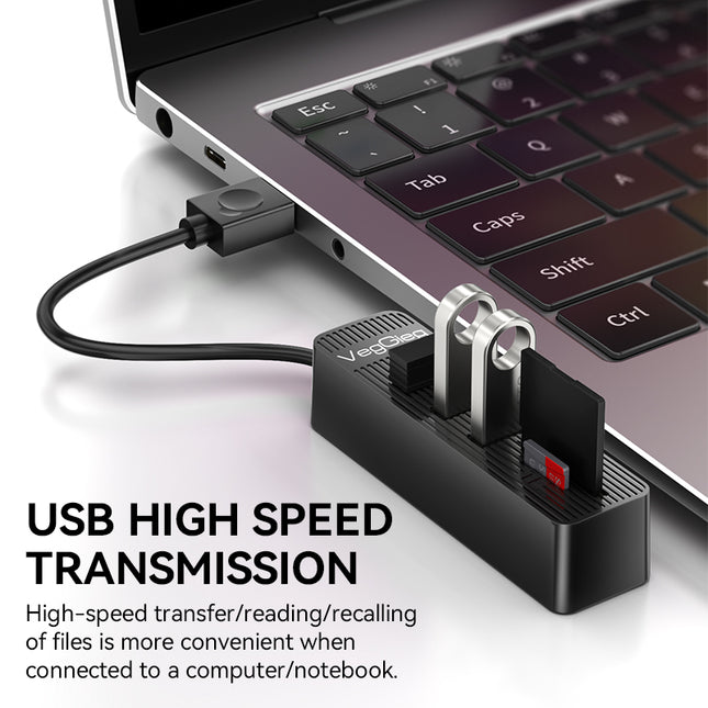 VegGieg 6-Port USB 2.0 Hub with SD/TF Card Reader | 1m Cable | High-Speed Data Transfer | Compact & Durable