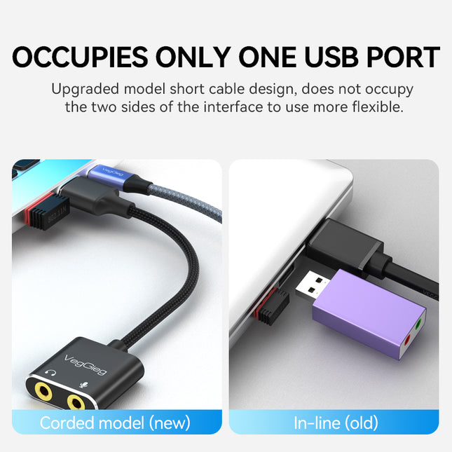 VegGieg USB Sound Card Adapter | External Audio Interface | 3.5mm Jack & Mic Ports | Plug & Play