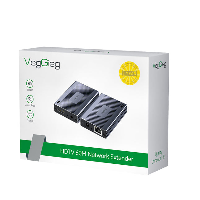 VegGieg 60M HDMI Extender Over CAT6 | HDMI Signal Extension up to 60m | Full HD 1080p | Plug & Play