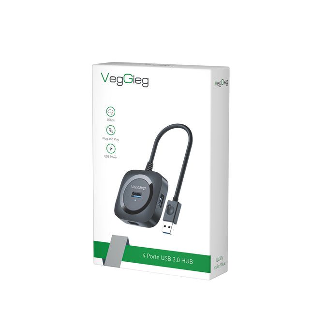 VegGieg 4-Port USB Hub | USB 2.0 & USB 3.0 Options | 1m Cable | External Power Support | High-Speed Data Transfer