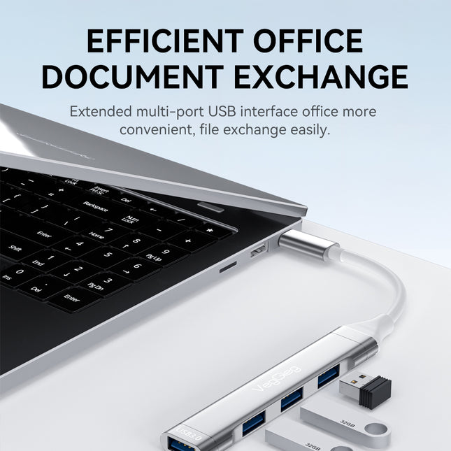 VegGieg USB-C to 4-Port USB Hub | 1× USB 3.0 + 3× USB 2.0 | Silver Alloy Shell | 0.15m Braided Cable | Compact & Durable