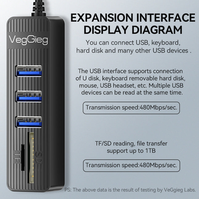 VegGieg 6-Port USB 2.0 Hub with SD/TF Card Reader | 1m Cable | High-Speed Data Transfer | Compact & Durable
