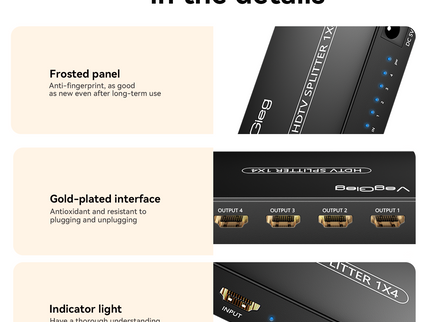 VegGieg 1x4 HDMI Splitter | 4K@30Hz Ultra HD Output | Multi-Screen HDMI Duplicator | Supports PS5, TV, Monitor, Projector, Fire Stick