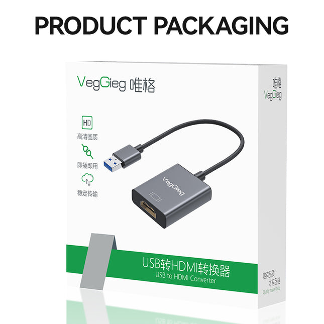 VegGieg USB 3.0 to HDMI Adapter | 1080P @ 60Hz | USB to HDMI Video Converter for Laptop, Desktop, Projector, TV | Plug & Play | Dual Display Modes