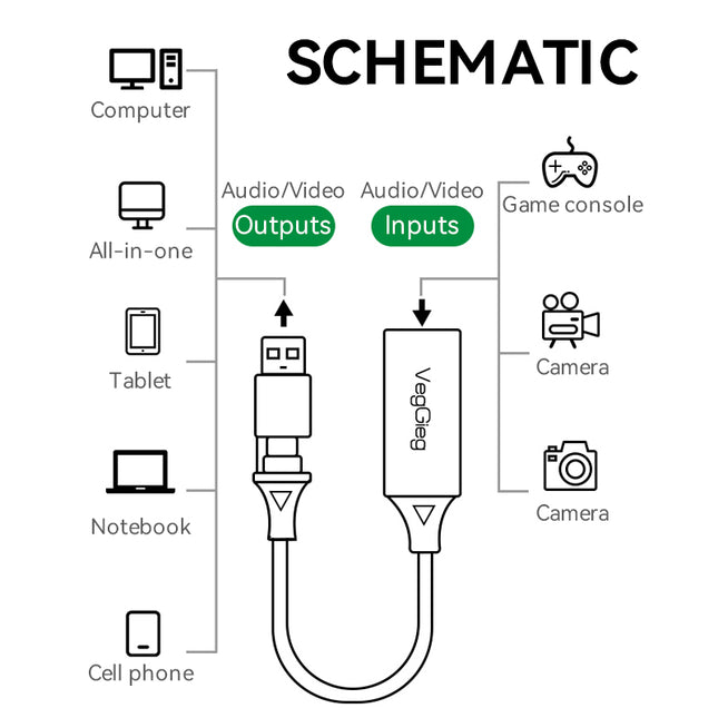 VegGieg USB/Type-C Video Capture Card | 4K Input, 1080P Recording | HDMI Game Capture for PS4/PS5/Switch | Live Streaming Compatible with OBS & More