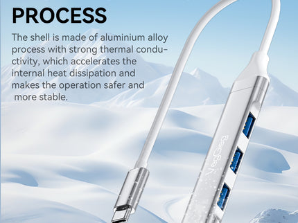 VegGieg USB-C to 4-Port USB Hub | 1× USB 3.0 + 3× USB 2.0 | Silver Alloy Shell | 0.15m Braided Cable | Compact & Durable