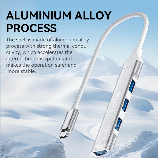 VegGieg USB-C to 4-Port USB Hub | 1× USB 3.0 + 3× USB 2.0 | Silver Alloy Shell | 0.15m Braided Cable | Compact & Durable