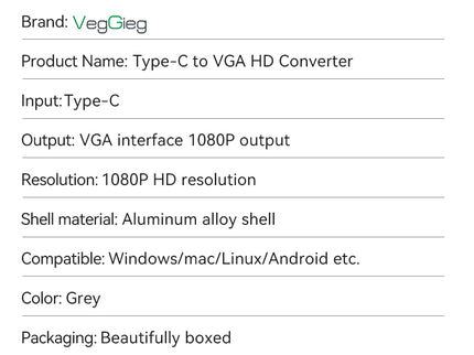 VegGieg Type-C to VGA Adapter | 1080P @ 60Hz | USB-C to VGA Converter for Laptop, MacBook, iPad, Android Phone | Plug & Play | Aluminum Alloy