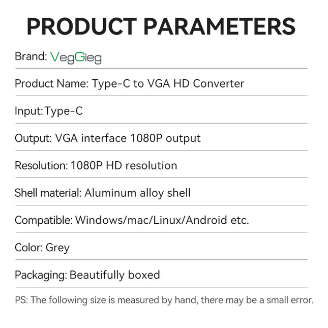 VegGieg Type-C to VGA Adapter | 1080P @ 60Hz | USB-C to VGA Converter for Laptop, MacBook, iPad, Android Phone | Plug & Play | Aluminum Alloy
