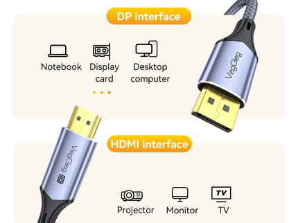 VegGieg 8K DisplayPort to HDMI Cable 2M (DP to HDMI) | 8K@60Hz UHD | HDR | Nylon Braided | Gold Plated | Audio Video Sync | Plug & Play