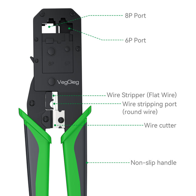 VegGieg E103 Network Crimping Tool | 3-in-1 RJ45/RJ11/RJ12 Crimper | Cable Cutter & Stripper | Ethernet Tool for Network Installations