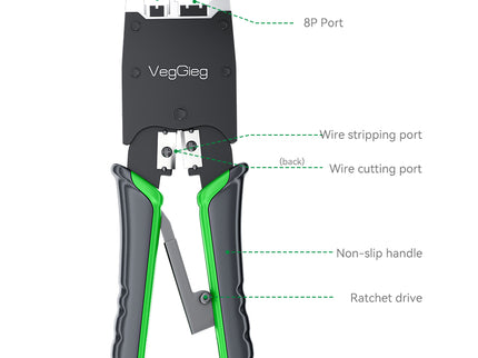 VegGieg V-E106 Professional Crimping Tool | RJ45 / RJ12 / RJ11 Modular Plug Crimper | Cable Stripper & Cutter | Durable Steel Build