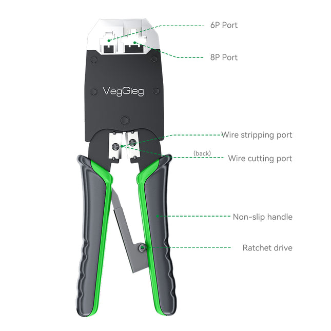VegGieg V-E106 Professional Crimping Tool | RJ45 / RJ12 / RJ11 Modular Plug Crimper | Cable Stripper & Cutter | Durable Steel Build