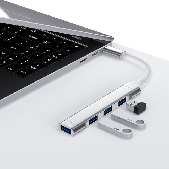VegGieg USB 3.0 4-Port Hub | 1× USB 3.0 + 3× USB 2.0 | Silver Alloy Shell | 0.15m Cable | Compact & Durable
