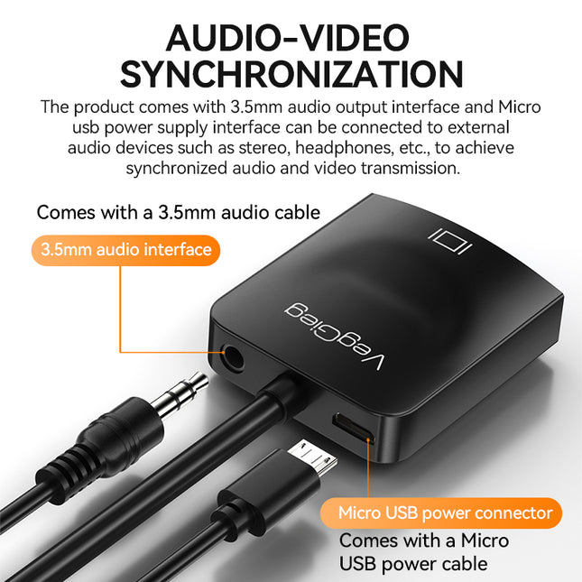 VegGieg HDMI to VGA Adapter | 1080P @ 60Hz | With or Without Audio | Video Converter for Monitor, Projector, TV