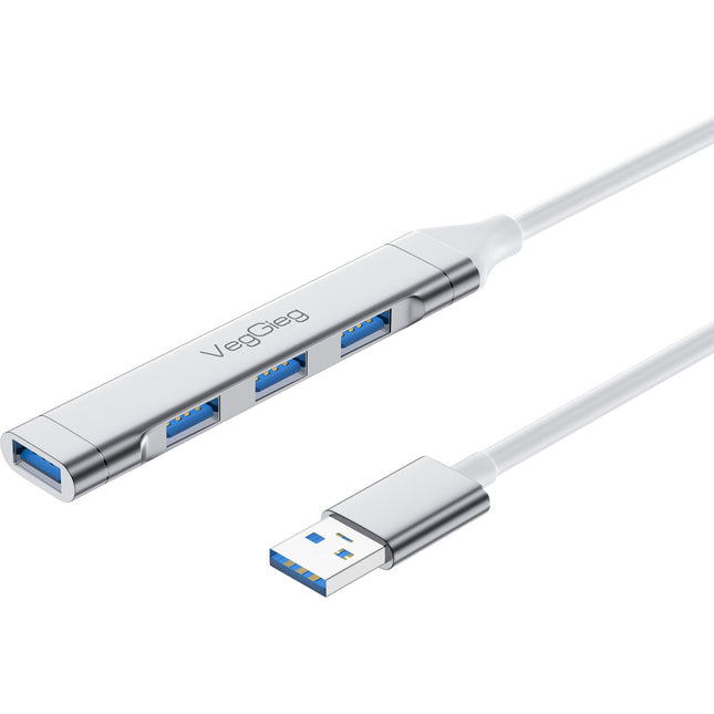 VegGieg USB 3.0 4-Port Hub | 1× USB 3.0 + 3× USB 2.0 | Silver Alloy Shell | 0.15m Cable | Compact & Durable