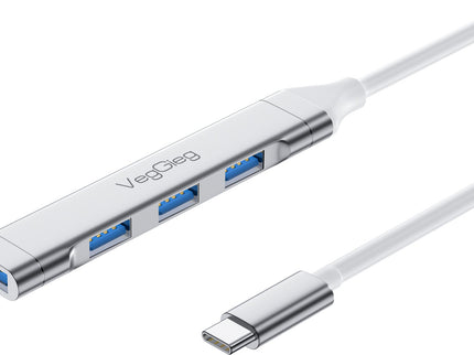 VegGieg USB-C to 4-Port USB Hub | 1× USB 3.0 + 3× USB 2.0 | Silver Alloy Shell | 0.15m Braided Cable | Compact & Durable