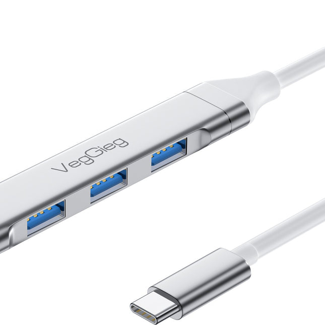 VegGieg USB-C to 4-Port USB Hub | 1× USB 3.0 + 3× USB 2.0 | Silver Alloy Shell | 0.15m Braided Cable | Compact & Durable
