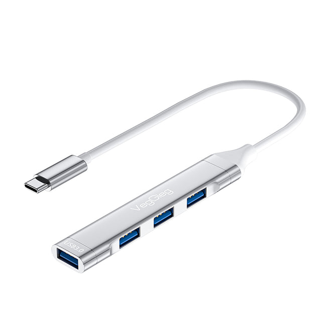 VegGieg USB-C to 4-Port USB Hub | 1× USB 3.0 + 3× USB 2.0 | Silver Alloy Shell | 0.15m Braided Cable | Compact & Durable