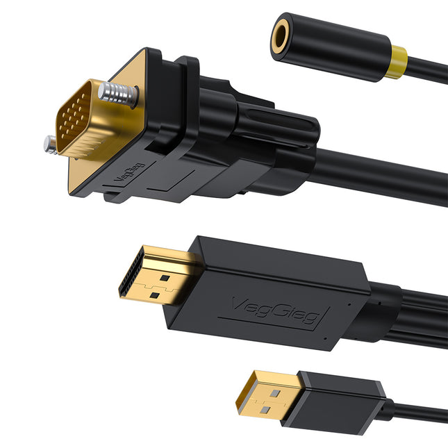 VegGieg HDMI to VGA Cable with Audio & USB Power | 1080P @ 60Hz | HDTV to VGA Converter Cable for Monitor, Projector, TV | 1.5M | Plug & Play