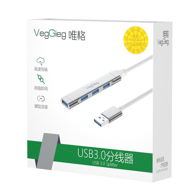 VegGieg USB 3.0 4-Port Hub | 1× USB 3.0 + 3× USB 2.0 | Silver Alloy Shell | 0.15m Cable | Compact & Durable