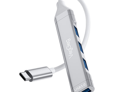 VegGieg USB-C to 4-Port USB Hub | 1× USB 3.0 + 3× USB 2.0 | Silver Alloy Shell | 0.15m Braided Cable | Compact & Durable