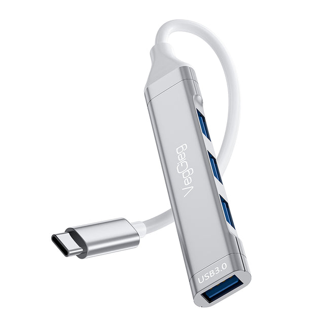 VegGieg USB-C to 4-Port USB Hub | 1× USB 3.0 + 3× USB 2.0 | Silver Alloy Shell | 0.15m Braided Cable | Compact & Durable