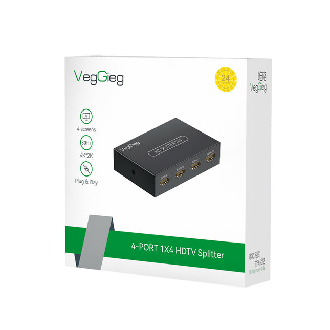 VegGieg 1x4 HDMI Splitter | 4K@30Hz Ultra HD Output | Multi-Screen HDMI Duplicator | Supports PS5, TV, Monitor, Projector, Fire Stick