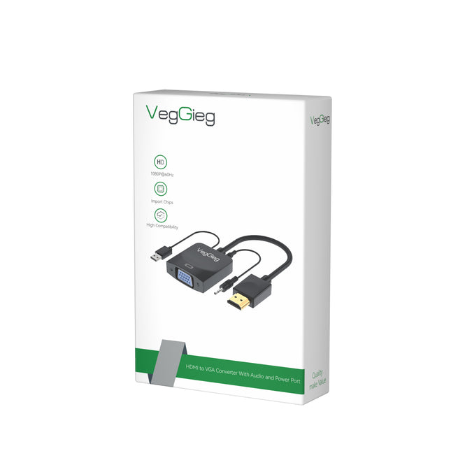 VegGieg HDMI to VGA Adapter | 1080P @ 60Hz | With or Without Audio | Video Converter for Monitor, Projector, TV