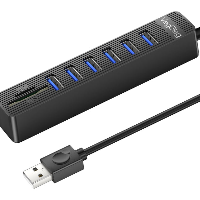 VegGieg 6-Port USB 2.0 Hub with SD/TF Card Reader | 1m Cable | High-Speed Data Transfer | Compact & Durable