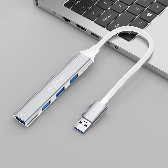 VegGieg USB 3.0 4-Port Hub | 1× USB 3.0 + 3× USB 2.0 | Silver Alloy Shell | 0.15m Cable | Compact & Durable