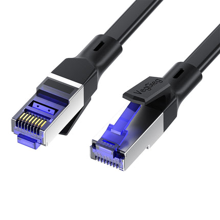 VegGieg black flat Ethernet cable with shielded RJ45 connectors and purple inserts