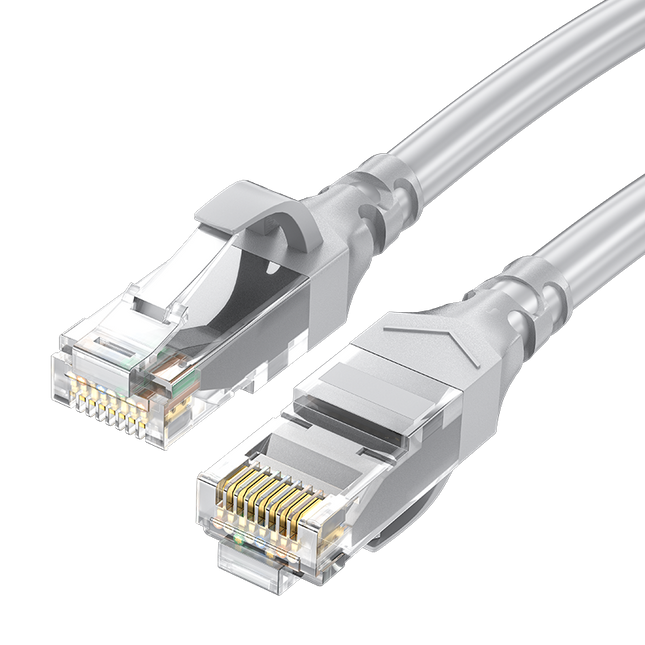 Veggieg gray Ethernet patch cable with two clear RJ45 connectors and gold-plated contacts