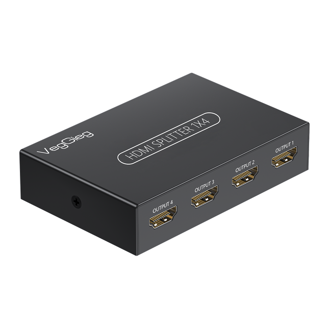 VegGieg 1x4 HDMI splitter in black metal casing with four HDMI output ports and one input