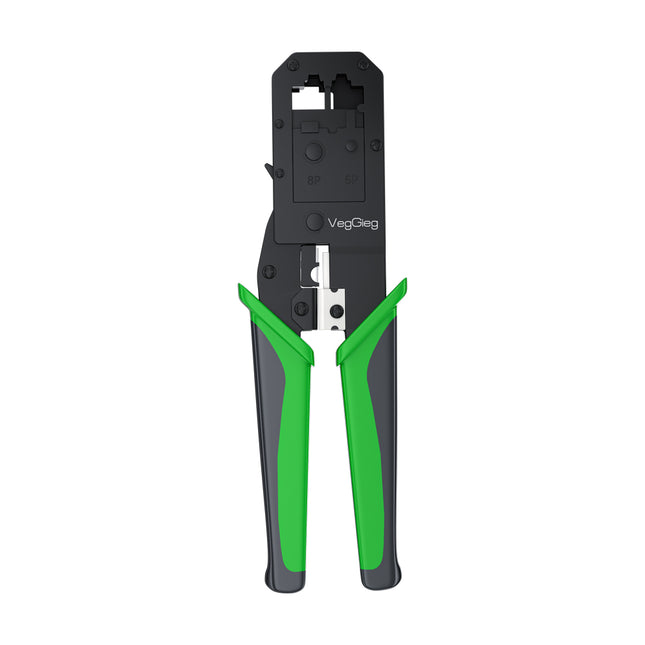 VegGieg multifunctional crimping tool with green and black non-slip handles and 8P and 6P crimp ports