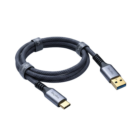 Coiled VegGieg braided USB-A to USB-C cable, close-up
