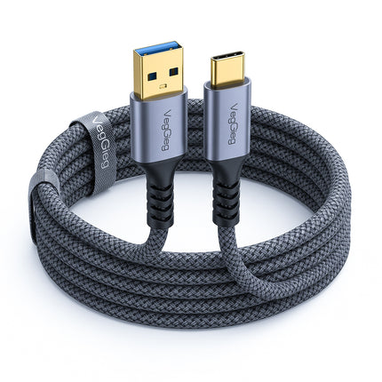 Braided nylon VegGieg USB-C cable neatly coiled with USB-A and USB-C ends