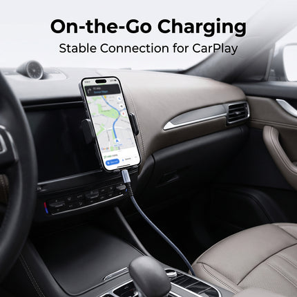 VegGieg USB-C cable charging a phone in a car with CarPlay