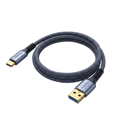 Coiled grey braided VegGieg USB-A to USB-C cable