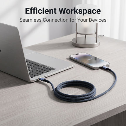 VegGieg USB-C cable connecting a device to a laptop at a desk workspace