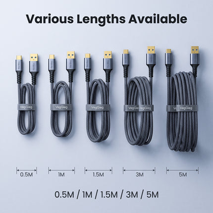 VegGieg USB-A to USB-C cable available in lengths from 0.5m to 5m