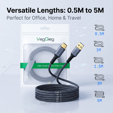 VegGieg USB-A to USB-C cable available in lengths from 0.5m to 5m