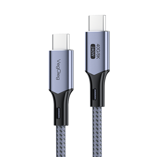 VegGieg braided USB-C to USB-C cable with grey aluminum shells and black strain relief