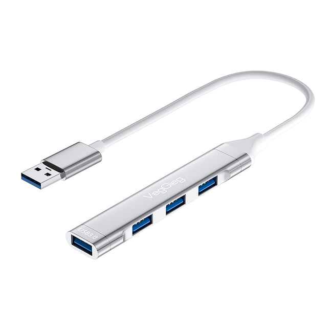 VegGieg 4-port USB 3.0 hub in silver aluminum with USB-A plug and short cable