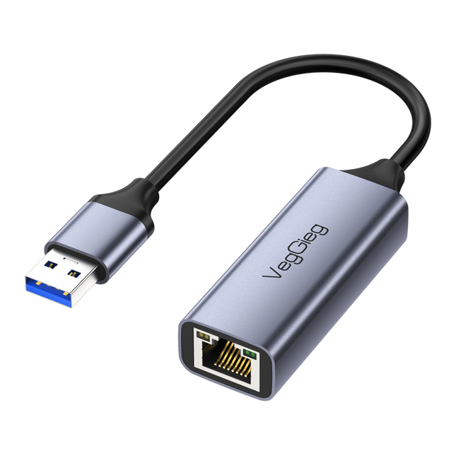 VegGieg USB 3.0 to RJ45 Gigabit Ethernet LAN adapter in grey aluminum with USB-A plug