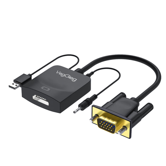 VegGieg VGA to HDMI converter adapter with VGA male plug, HDMI female port, USB power and 3.5mm audio cable