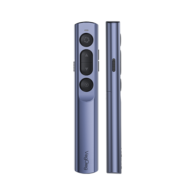 VegGieg wireless presenter remote with red laser pointer, front and side view
